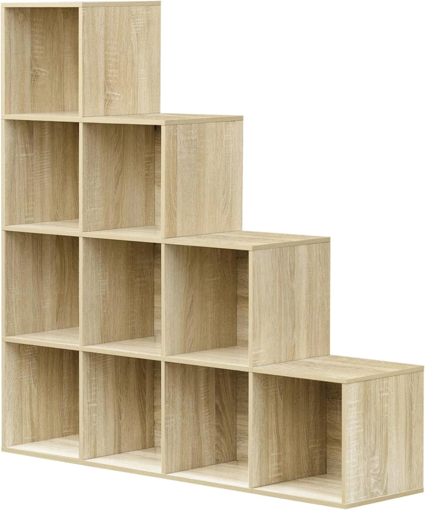 Scaffale per Libri, Scaffale per Scale Con 10 Cubi, Libreria in Legno Ingegnerizzato Rovere Chiaro, per Camera da Letto, Soggiorno, Studio, Ufficio, 120x30x120cm, SK062hei