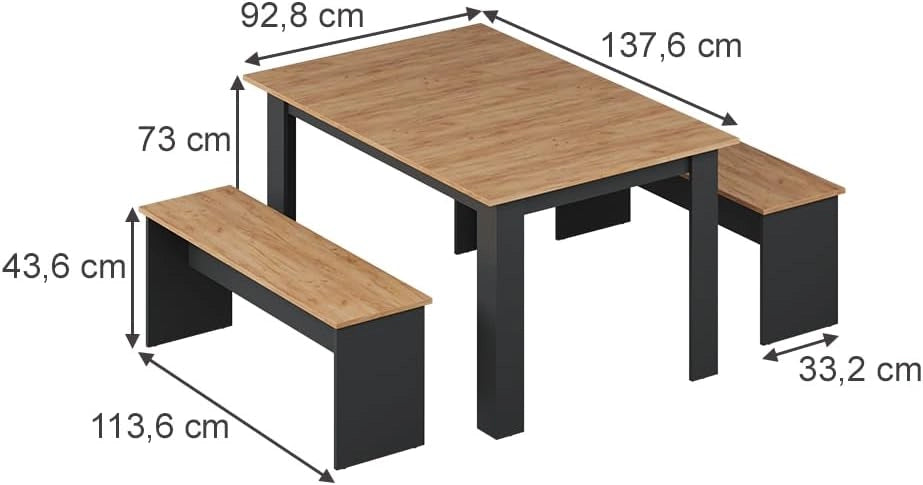 Set di tavoli da pranzo Sentio, Antracite/quercia dorata, 137.6 x 92.8 cm con 2 panche, per un utilizzo salvaspazio in sala da pranzo e cucina