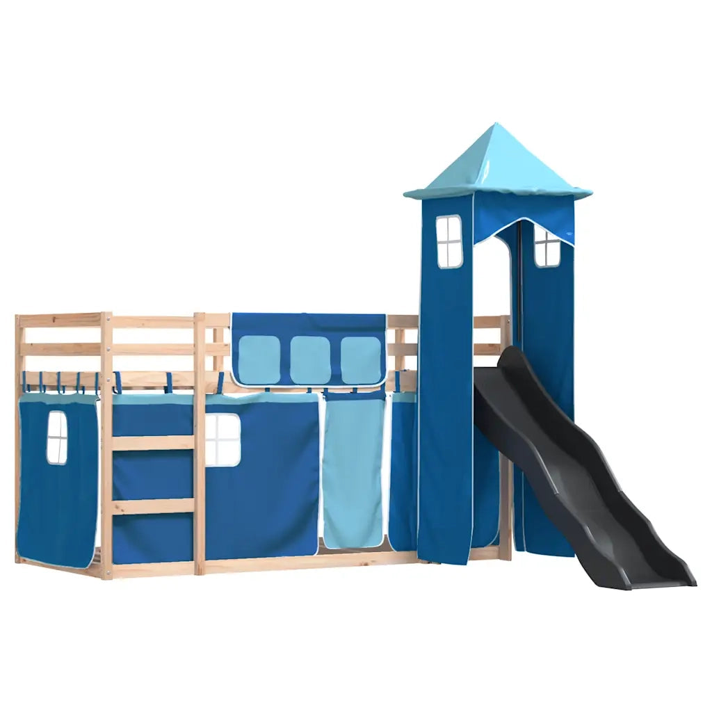 Letto singolo | Letto per adulti | Letto a Castello con Scivolo e Tende Blu 80x200 cm