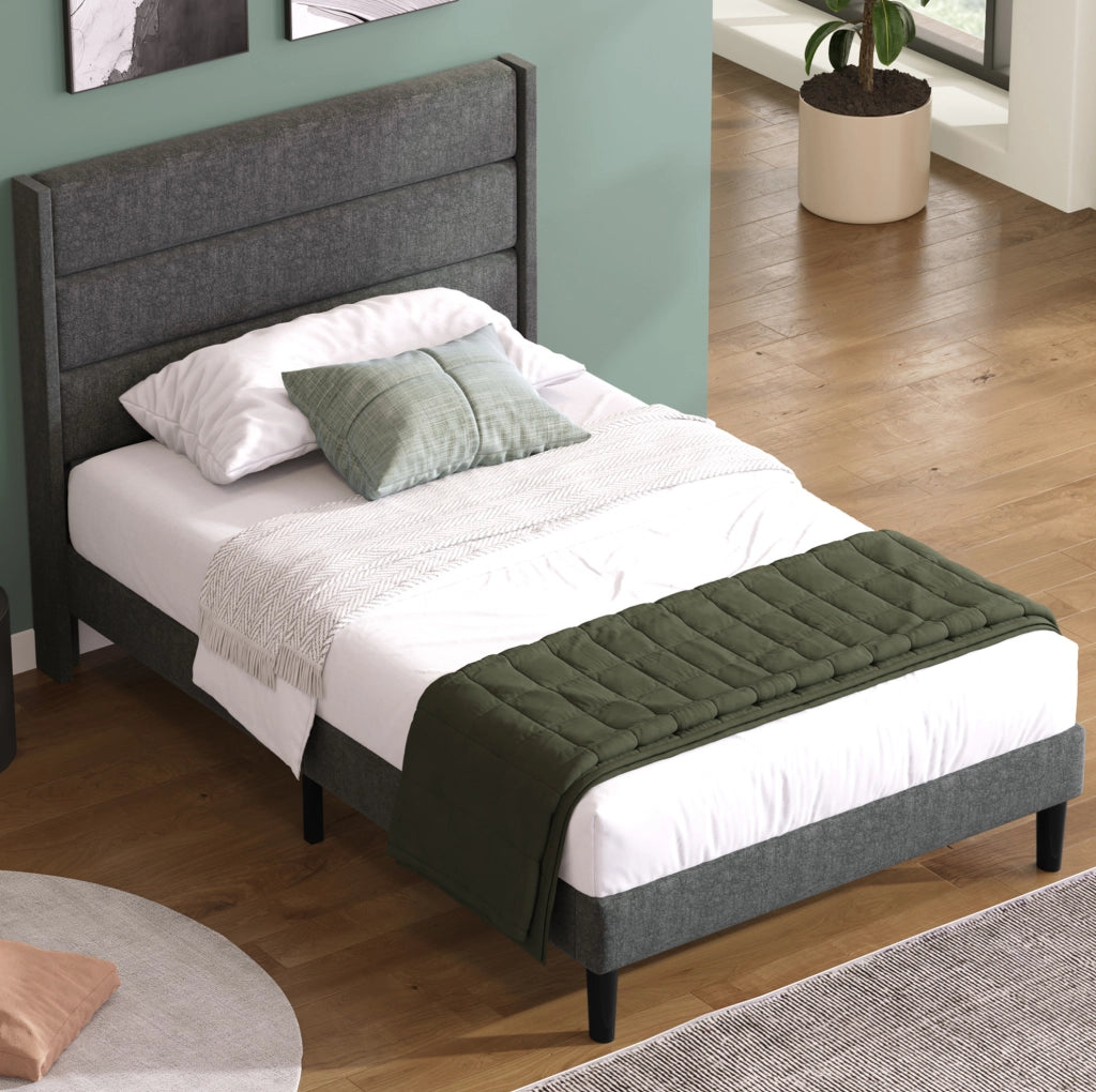 Letto imbottito 90x200 cm con testiera; rete a doghe e rivestimento in lino grigio