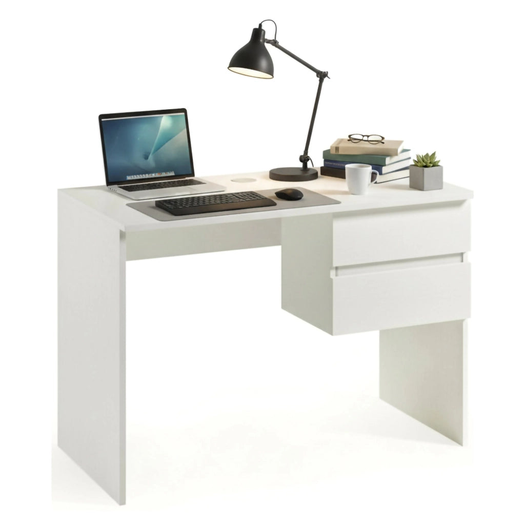 Scrivania Zimone, Scrittoio lineare con 2 cassetti, Tavolo da studio multiuso e salvaspazio, 100% Made in Italy, 110x53h76 cm, Bianco