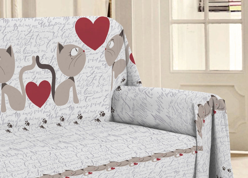 Telo Arredo Multiuso Linea Pensieri Delicati In 100% Cotone Disegno Gattini - Matrimoniale - Beige