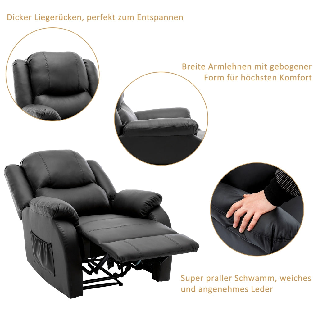 Poltrona relax reclinabile manuale in pelle pu con tasca laterale e poggiapiedi nero 80 × 90 × 100 cm
