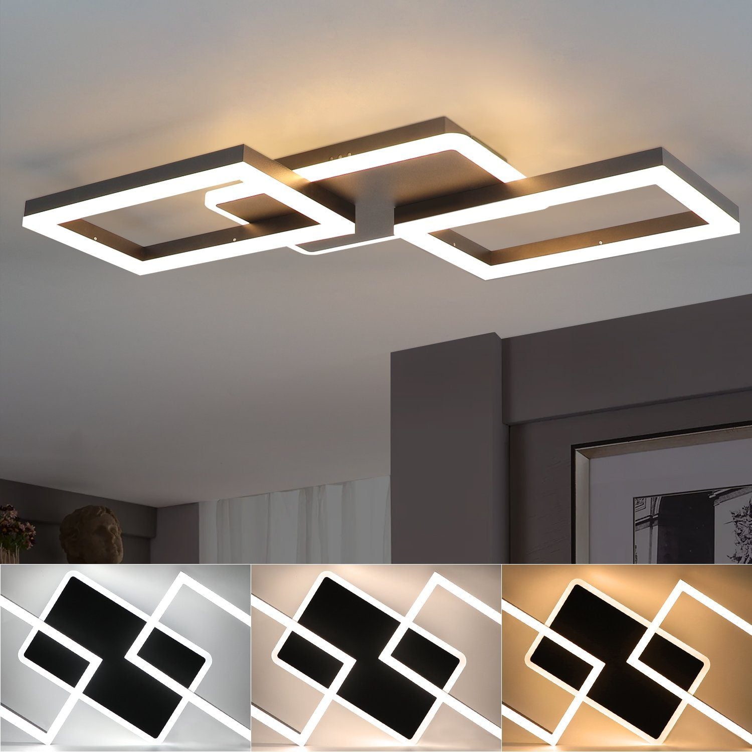 ZMH Lampada da soffitto plafoniera LED 48W nera dimmerabile telecomando design moderno per corridoio ufficio living