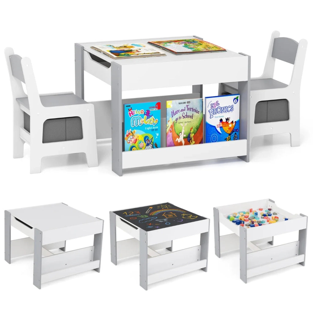 Set di 3 mobili per bambini: tavolo 615 x 615 x 48 cm con contenitore ergonomico e piano reversibile in MDF bianco e grigio 20_0011950