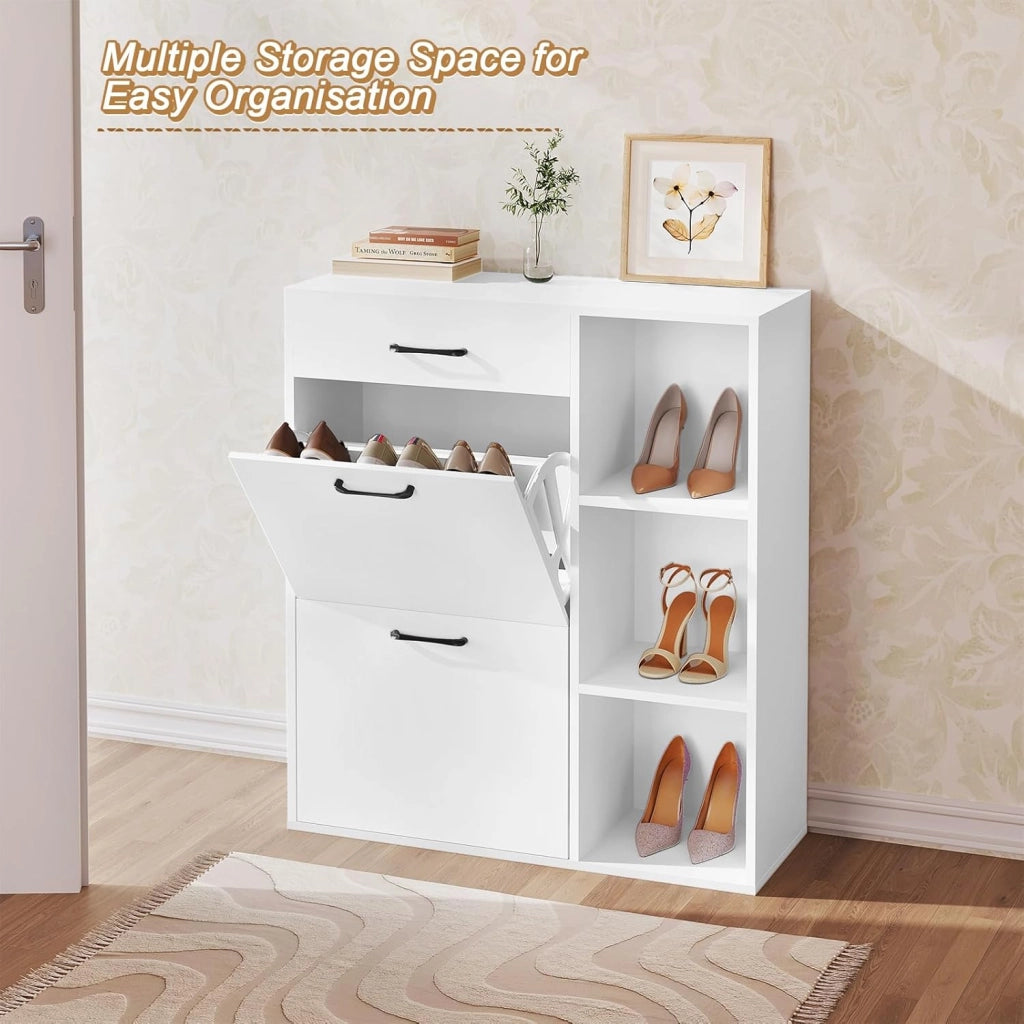 Scarpiera a Ribalta, Scarpiera da Ingresso con Ripiani Aperti, Porta Scarpe con Cassetto, Organizer per Scarpe, Stivali, in Legno, Bianco, 80,2x30x90 cm