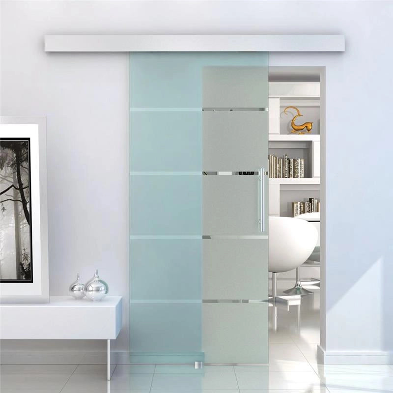 PORTA SCORREVOLE IN VETRO SATINATO CON 4 STRISCE TRASPARENTI, 102.5X205CM