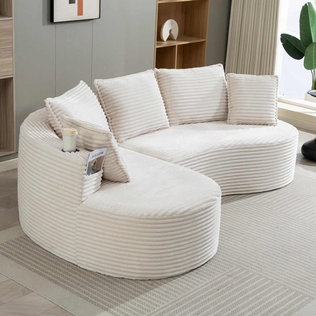 DIVANO ad arco 250x152x82 cm in velluto beige con portabevande e tasca laterale
