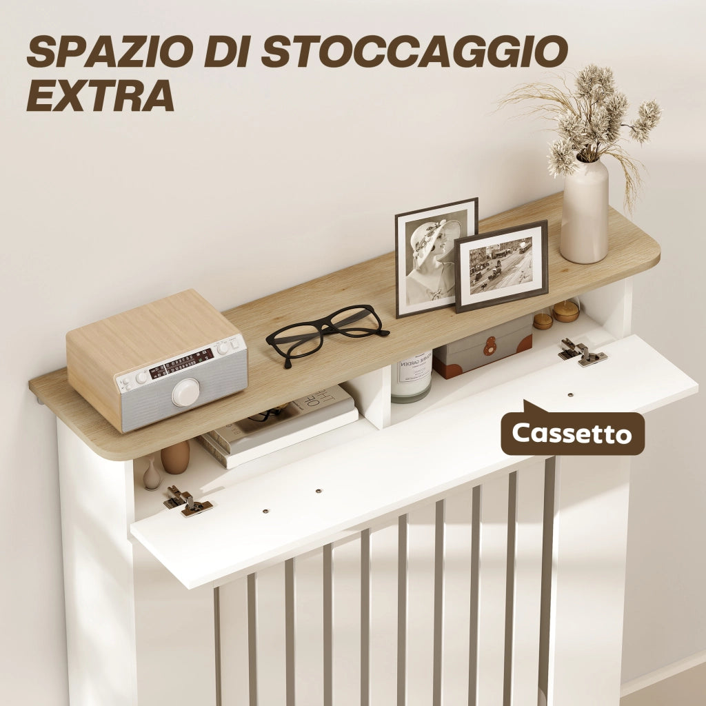 Copritermosifone a Doghe 78x19x97 cm Antiribaltamento con Cassetto in Legno Bianco