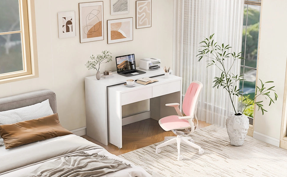 Scrivania 2-in-1 pieghevole con ruote, tavolo compatto in truciolare bianco 110×40×78 cm