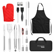 Set BBQ Professionale con Termometro Carne – Accessori Barbecue in Acciaio Inox 430 Alimentare con Pinza, Spatola, Forchettone, Coltello, Grembiule Kit 7 o 17 Pezzi Kit 17 Pezzi