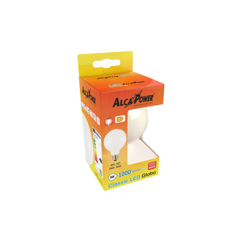 Alcapower Lampadina LED Globo G95 8W E27 Vetro Bianco 3000K 1000lm - Illuminazione Efficiente per Ambienti Raffinati e Comfort Visivo Ottimale