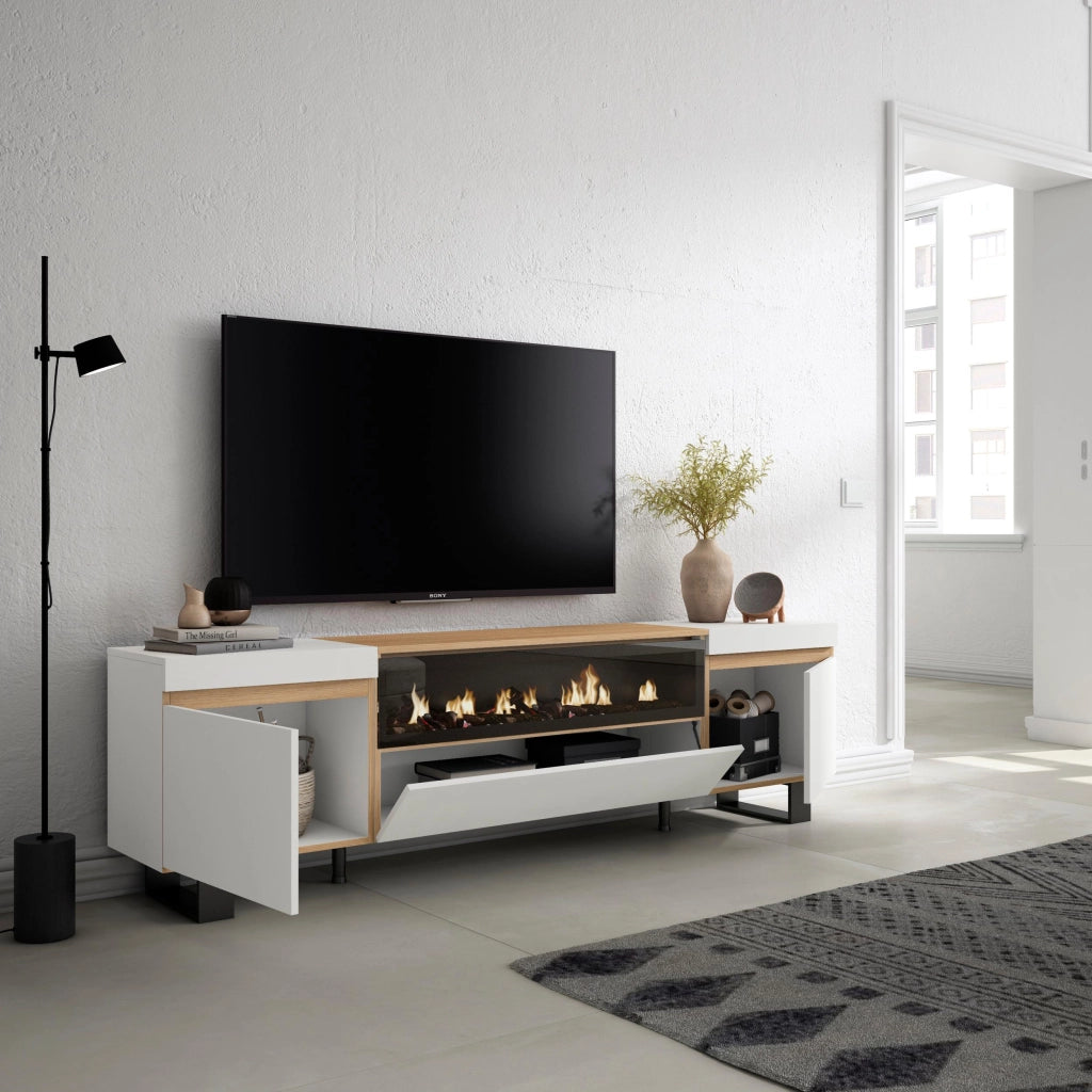 Mobile TV Soggiorno, 200x57x35cm, Per TV fino a 80", Camino elettrico, Design industriale, Bianco e Rovere soft