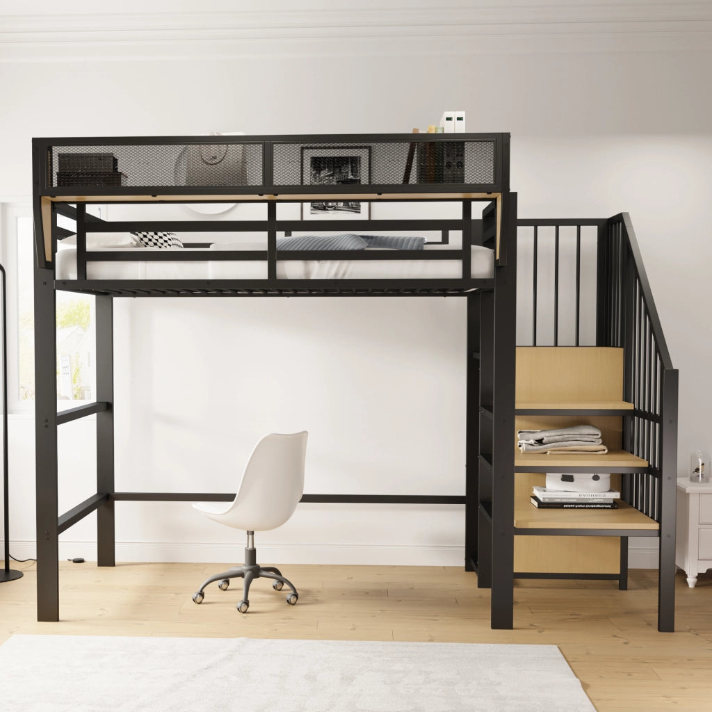 Letto a soppalco singolo 90×200 cm con scala di sicurezza e ripiano; senza materasso; metallo; nero