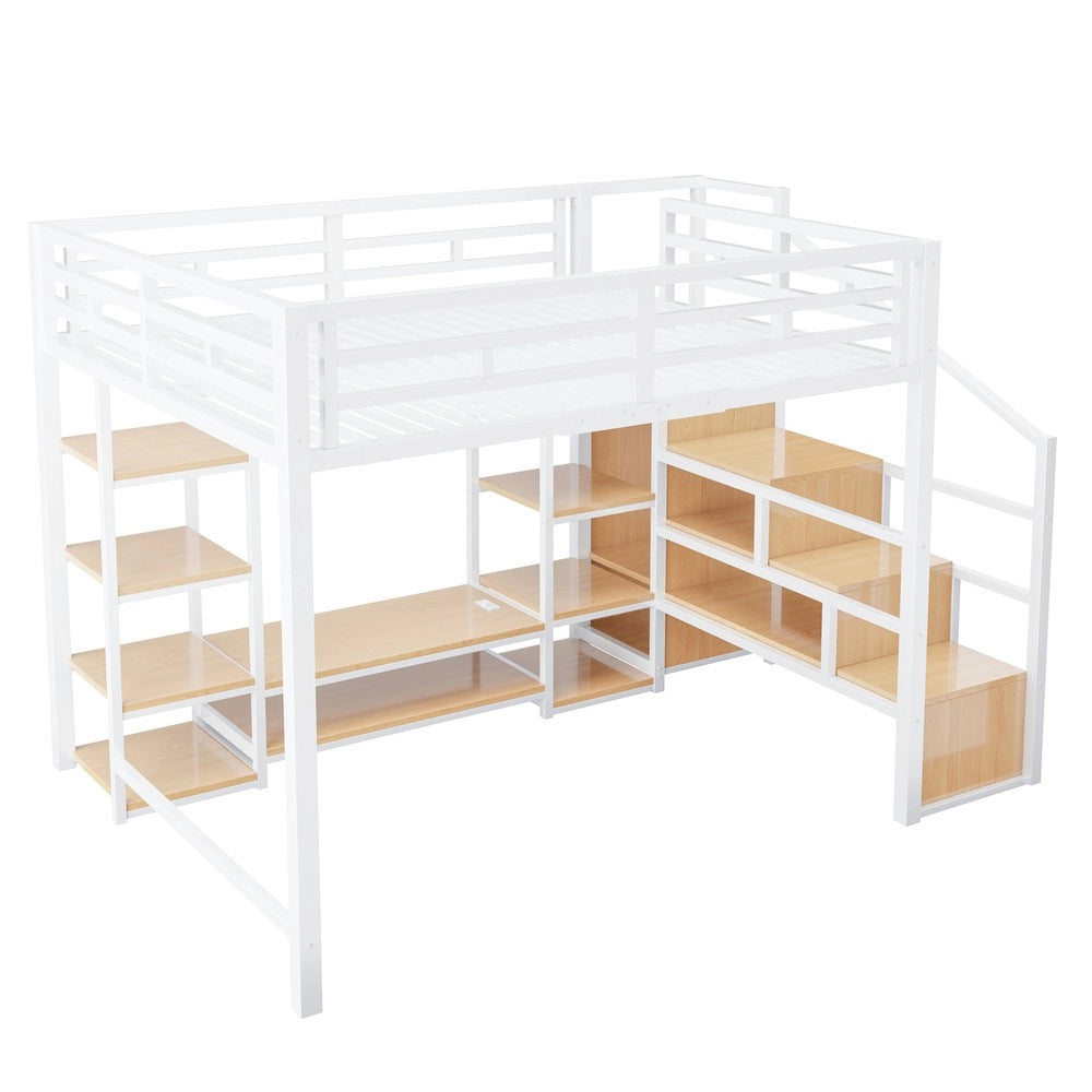 Letto a soppalco con TV - Zephmum- 140x200 - Bianco - Presa di corrente e scala di sicurezza