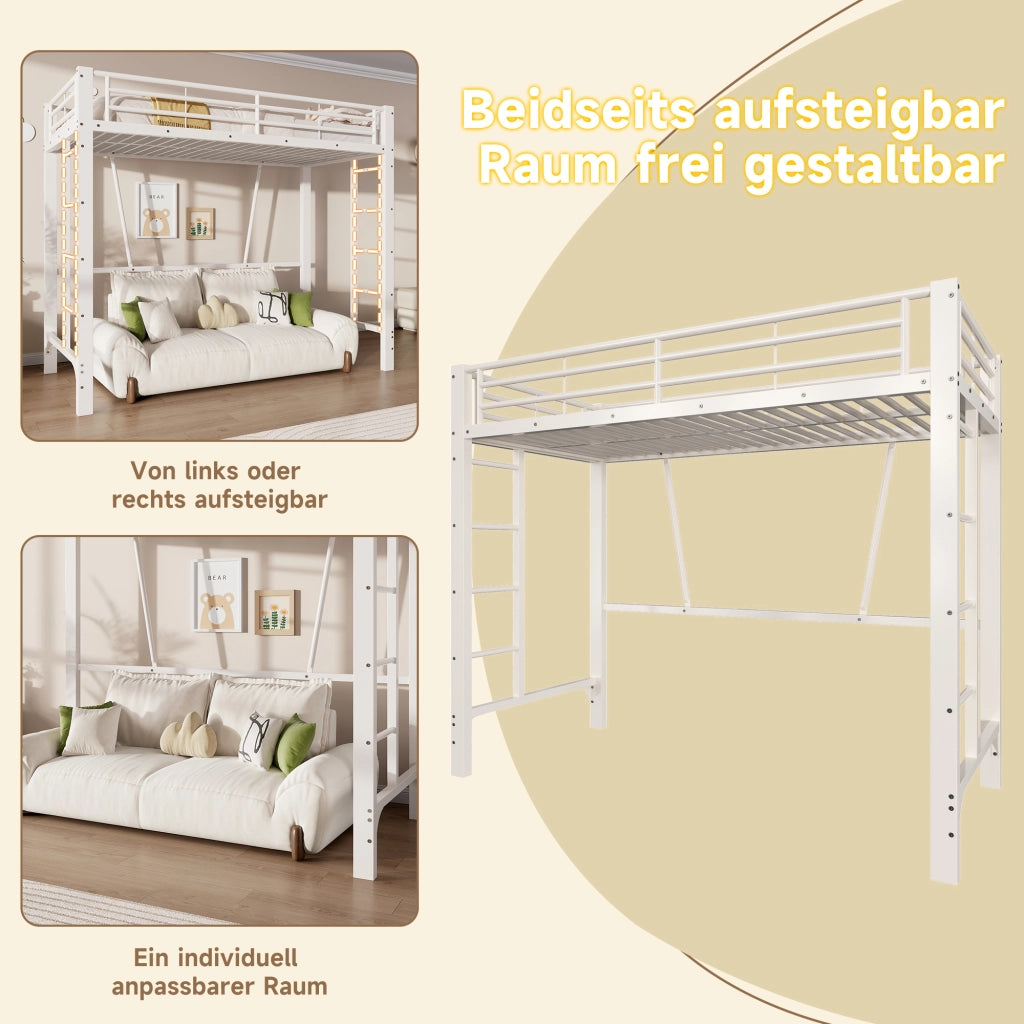 Letto a soppalco 90x200 cm – con doppia scala e spazio sottoletto modulabile – metallo – bianco