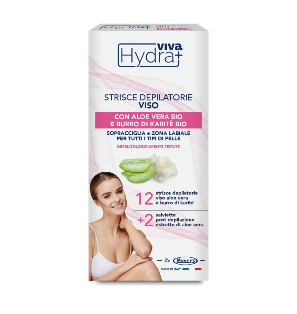 HYDRA VIVA+ STRISCE DEPILATORIE PER VISO CON ALOE E BURRO DI KARITÈ 12 PEZZI