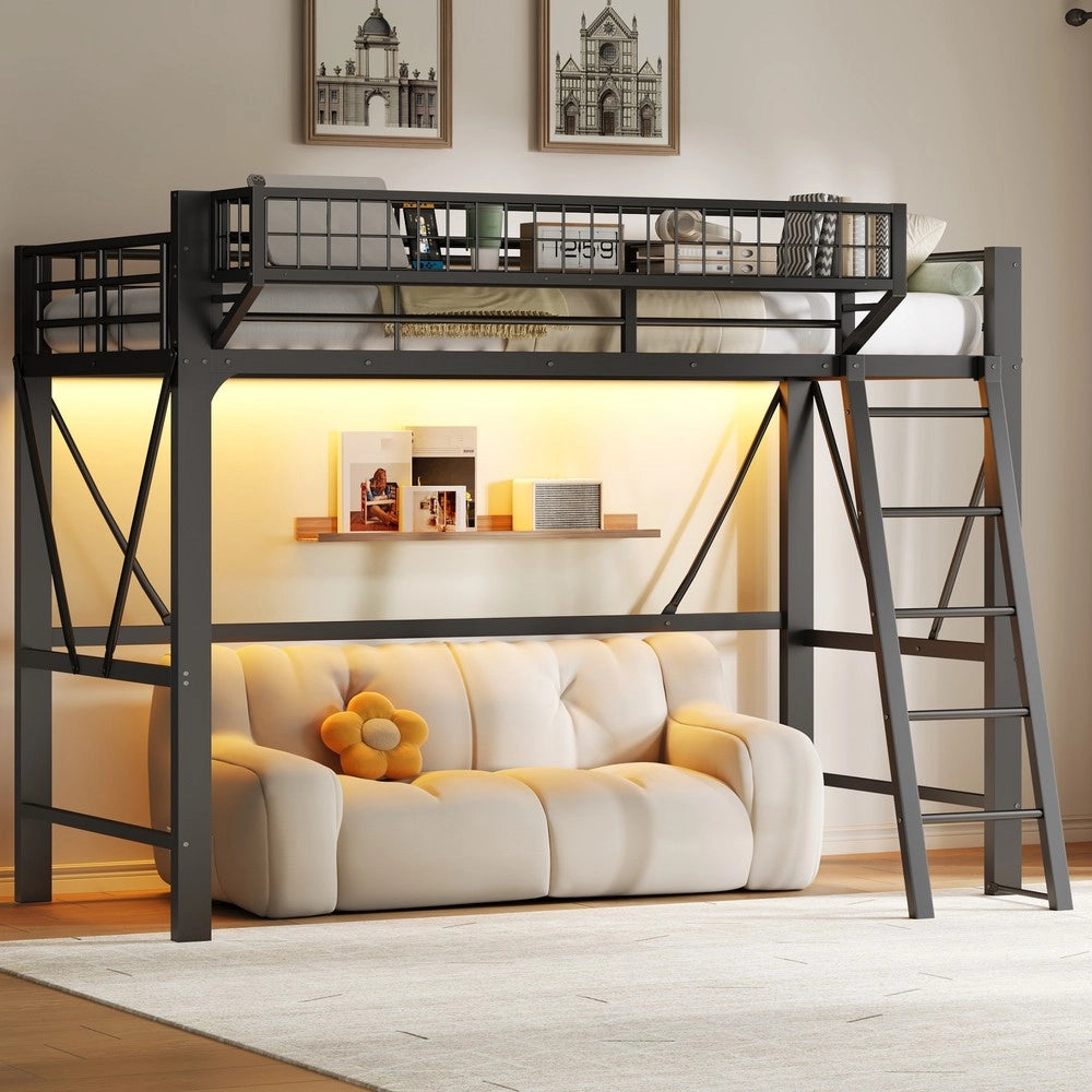 Letto a soppalco ¨C Minimal ¨C nero metallo con LED 90x200 cm