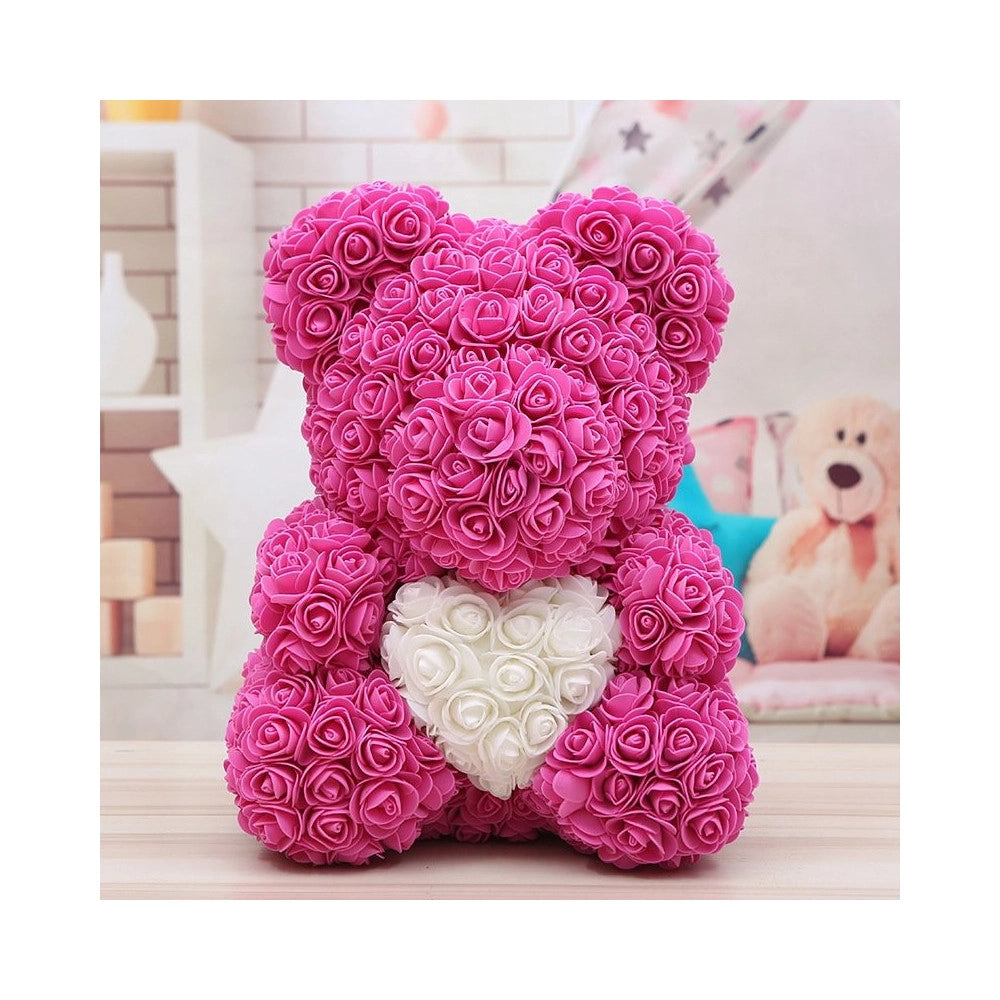 Trade Shop - Orsacchiotto Orsetto Orso Di Rose Con Fiori Da 40cm Rosa Con Cuore Bianco -