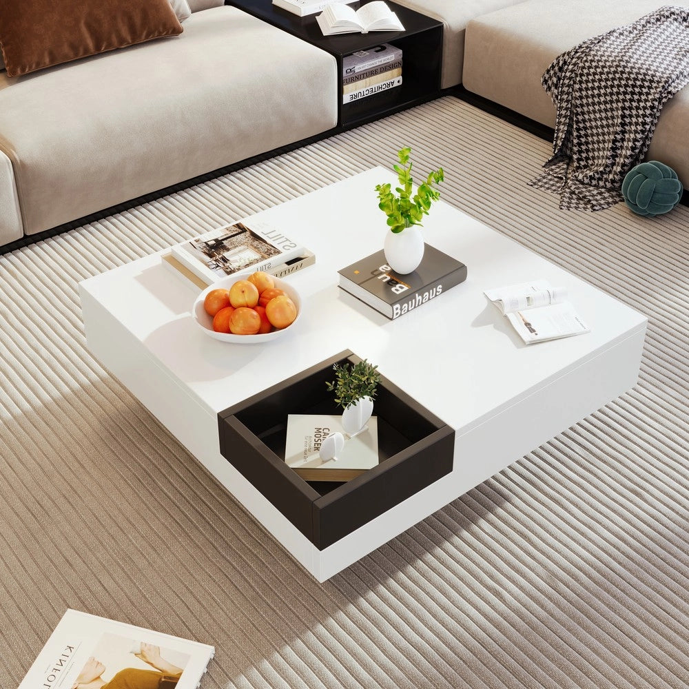 Tavolino da Salotto con LED e Box Contenitore ¨C MINIMAL ¨C Bianco e Nero Lucido, 72x72x30 cm
