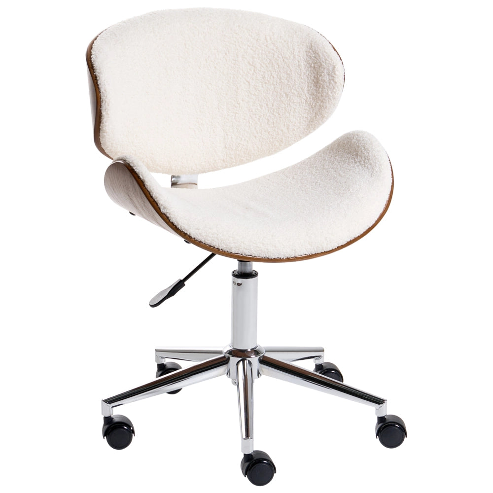 Sedia da scrivania in boucle bianco imbottita con sedile regolabile in altezza tramite pistone a gas e base girevole