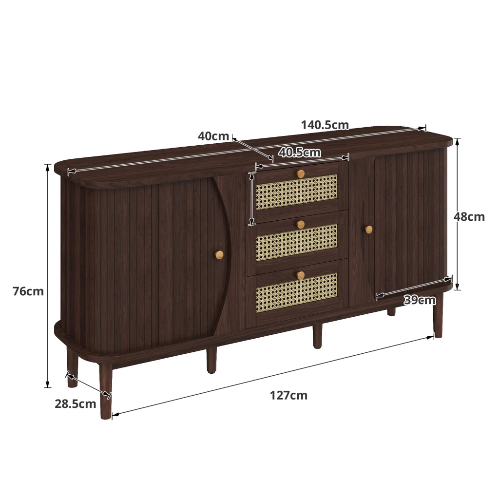 Credenza con 2 Ante Scorrevoli; 3 Cassetti in Rattan; Ripiani Regolabili e Piano Arrotondato; 140;5??40??76 cm; Naturale