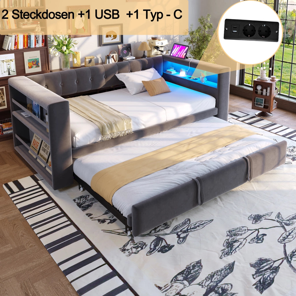 LETTO Divano multifunzione 90/180 x 190 cm in flanella grigio scuro con LED e prese