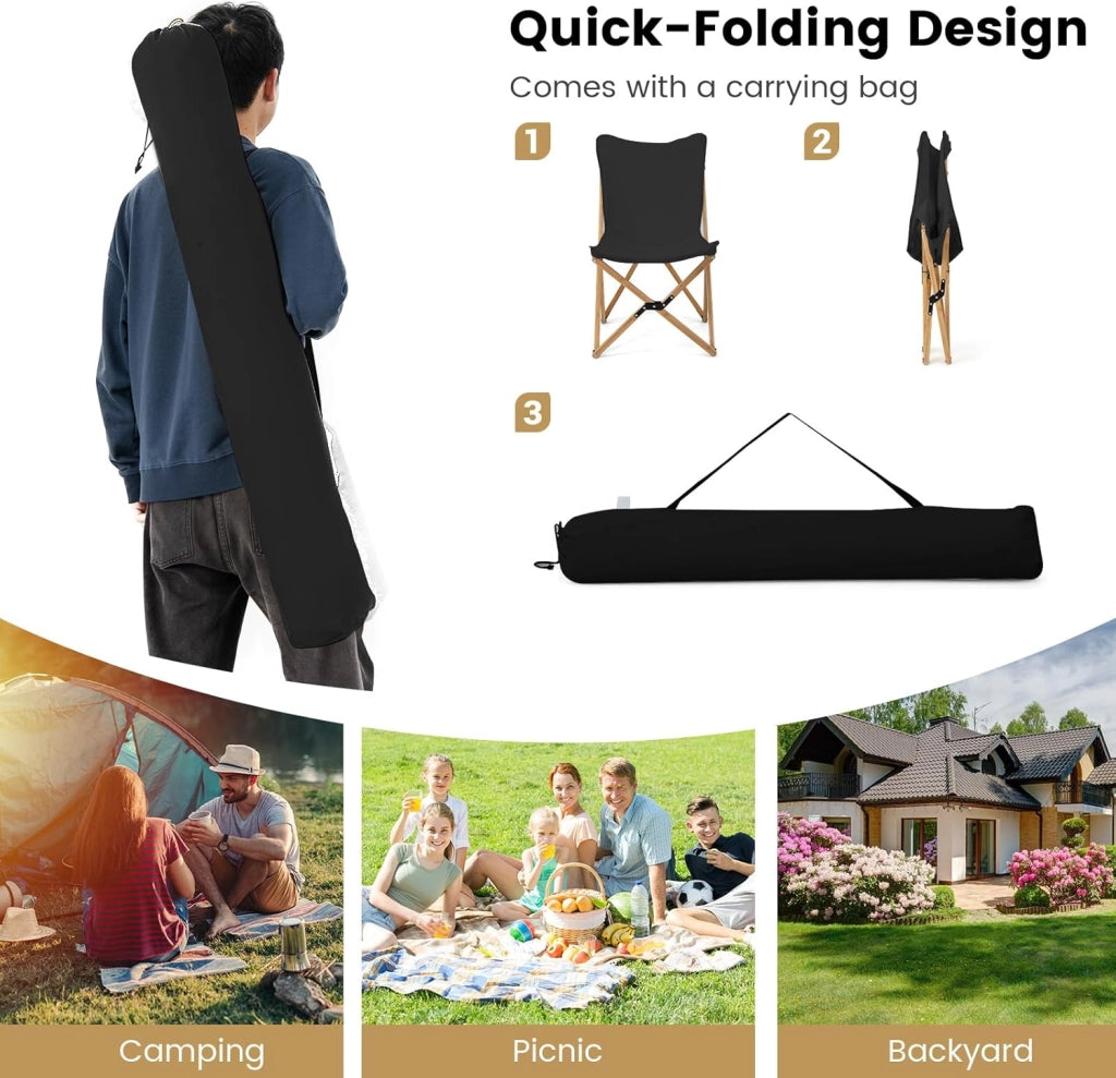Set di 2 sedie da sdraio, sedia da giardino con tasca laterale, sedia pieghevole in bambù, sedia da campeggio con borsa, sedia da spiaggia fino a 150 kg, per campeggio, pesca (Nero)