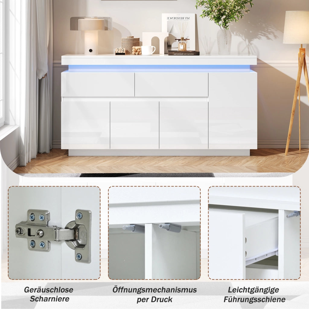 MADIA 140x35x72,5 cm Bianco lucido con 4 ante 2 cassetti e LED