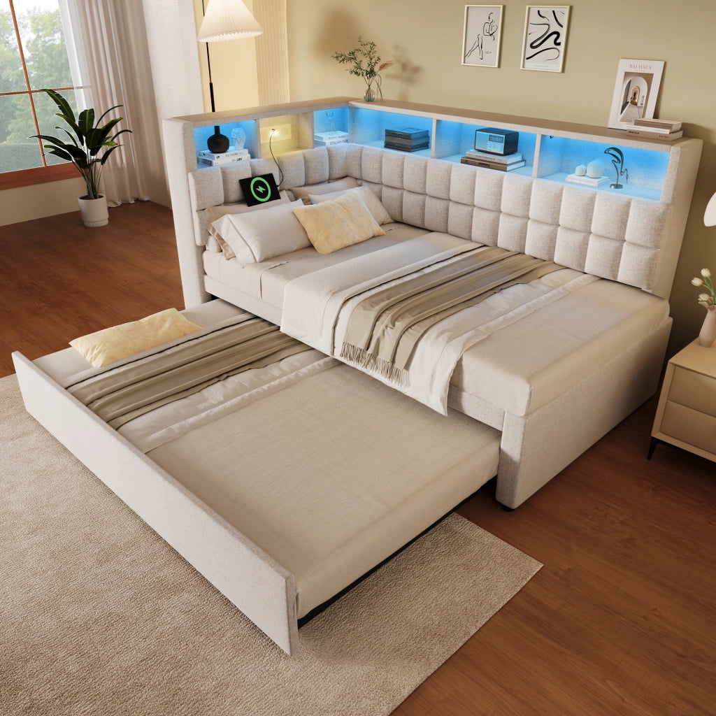 DESMIU Letto con contenitore 90 × 200 cm 1 posto con LED, USB, Type-C e altoparlante Bluetooth, senza materasso, beige