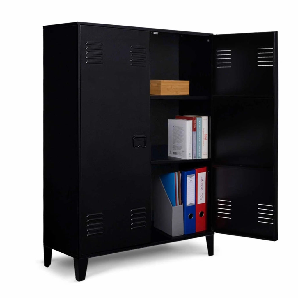 IDMarket - Armadio basso a 2 ante in metallo nero, design industriale ESTER