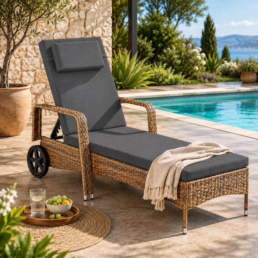 Lettino Prendisole Reclinabile In Polyrattan Con Schienale Regolabile In 6 Posizioni Cuscino Poggiatesta E Ruote Ideale Per Giardino Piscina Terrazza Solarium Relax Outdoor 196 x 72 x 94.5 Cm Marrone Chiaro