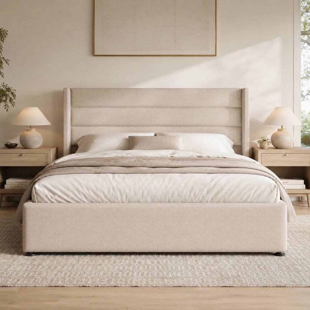 Letto contenitore matrimoniale 160x200 cm, imbottito con vano contenitore e sollevamento idraulico integrato, struttura in legno e metallo, tessuto lino, materasso non incluso, beige