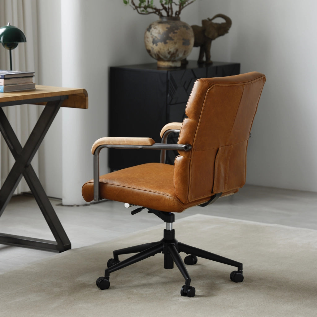 SEDIA UFFICIO Girevole 360° In Pelle Marrone con Braccioli in Legno