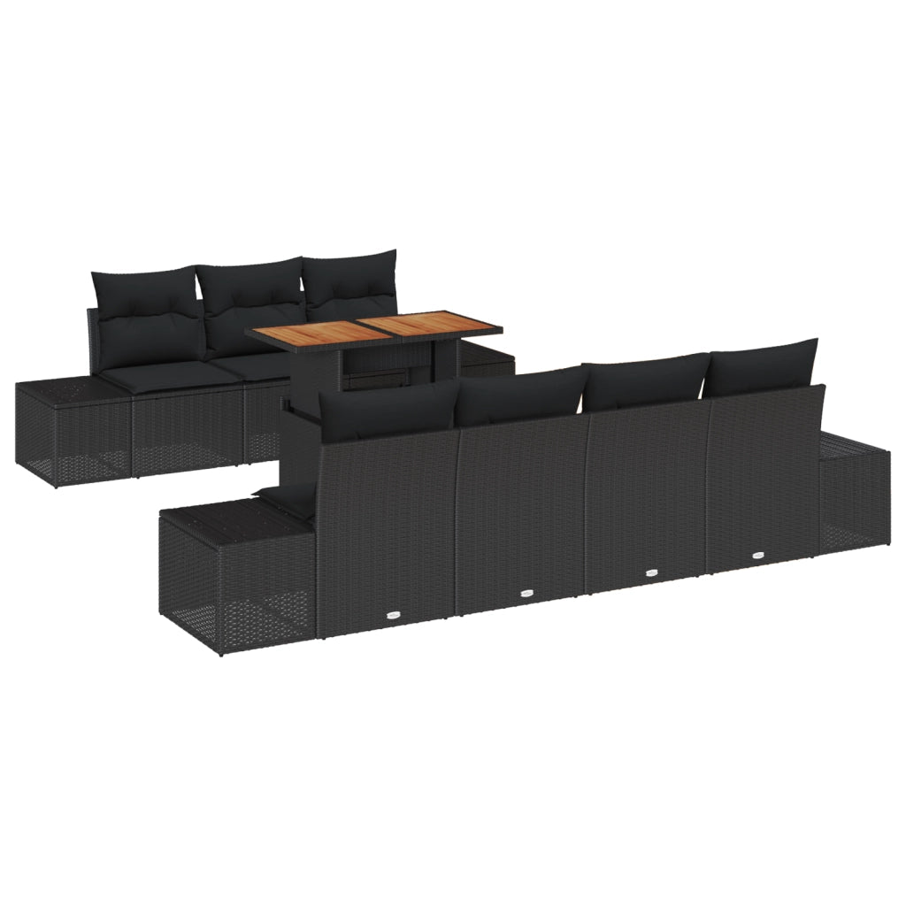 Set da Pranzo da Giardino 8 Pezzi con Cuscini Rattan Poliacrilico Nero Acacia