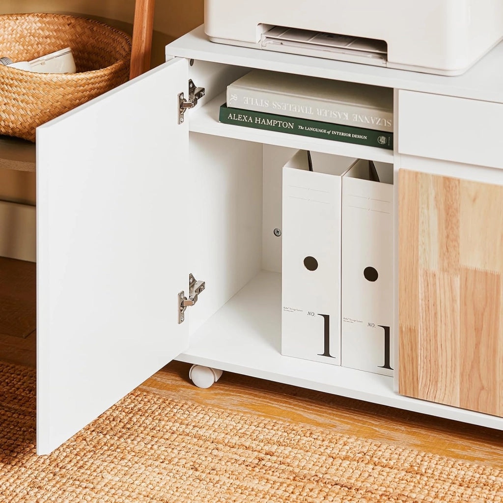 Carrello da ufficio Carrello Portaoggetti con Cassetto Tavolino stampante Bianco-Naturale 65x35x58cm ASK04-WN