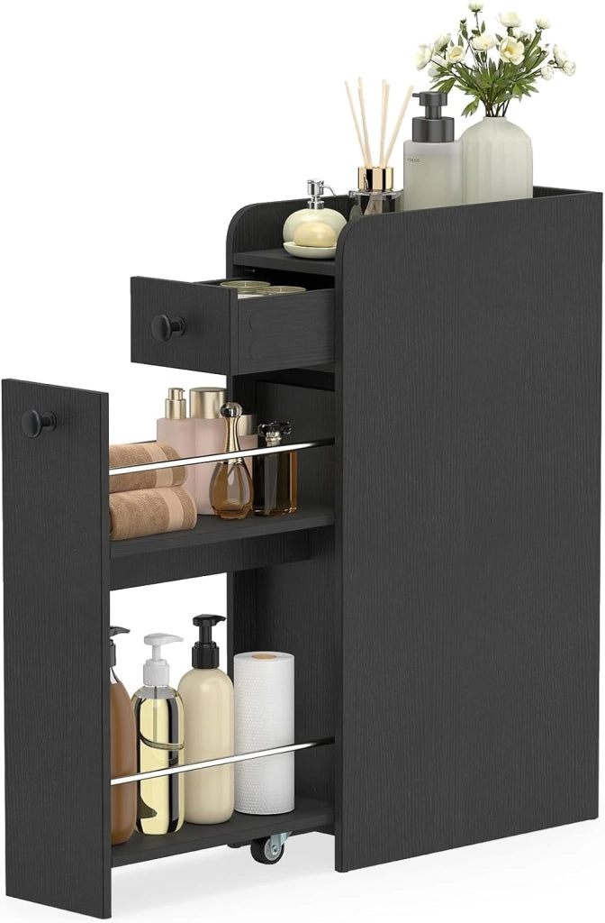 Armadietto da Bagno Stretto, Mobile Salvaspazio da Terra con 2 Ruote e 2 Cassetti Estraibili, Carrello Portaoggetti in Legno per Cucina e Lavanderia, 40 x 18 x 70 cm