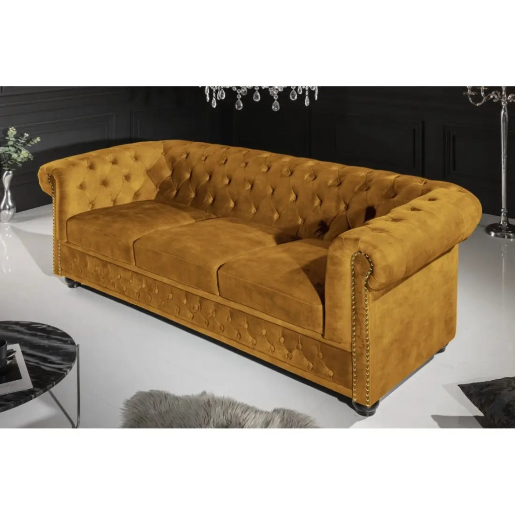 Divano dritto EDGAR – Giallo senape – 3 posti – Velluto stile barocco
