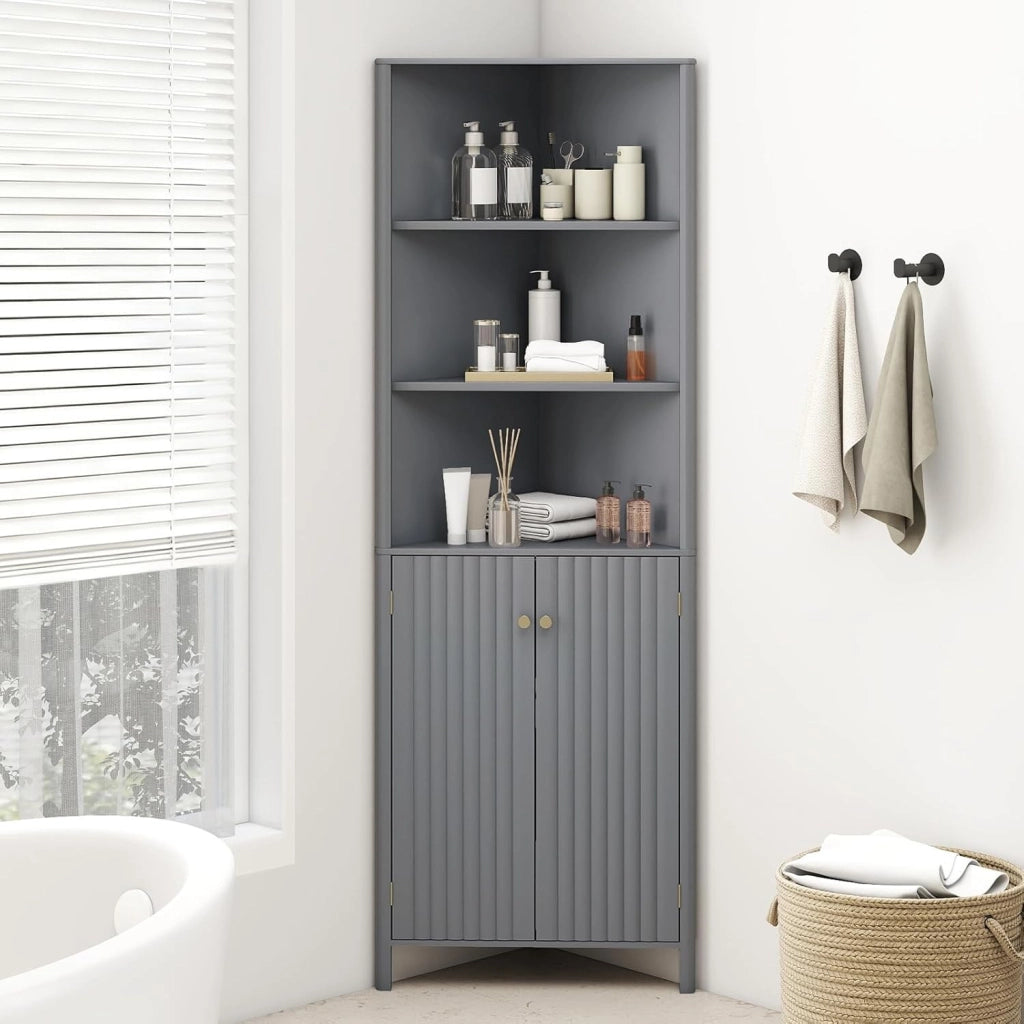 Armadietto da bagno, armadio angolare con 3 ripiani aperti & 2 ante, armadio con ripiani regolabili, mobile da bagno 42,5 x 42,5 x 172,5 cm (Grigio)