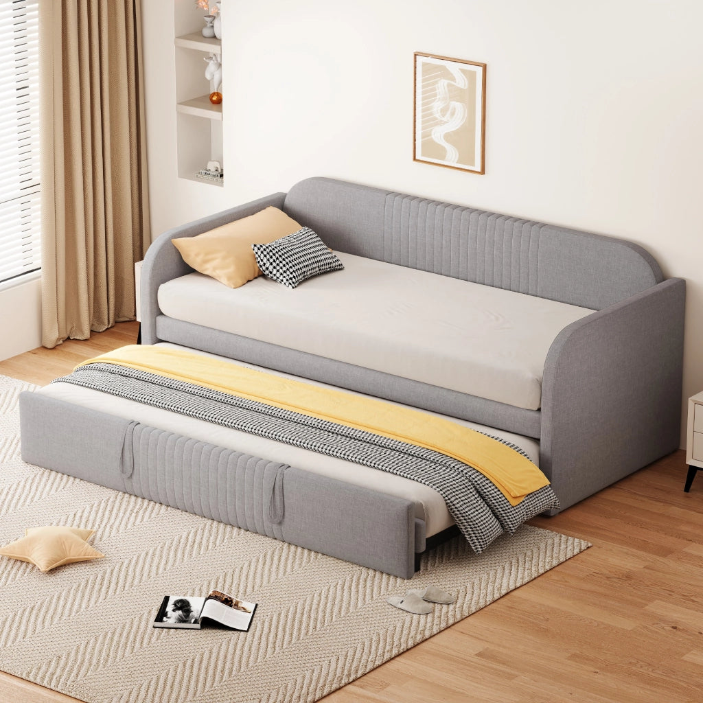 Letto divano estraibile 90/180x190 cm con schienale a righe verticali; rete a doghe e rivestimento in lino grigio chiaro