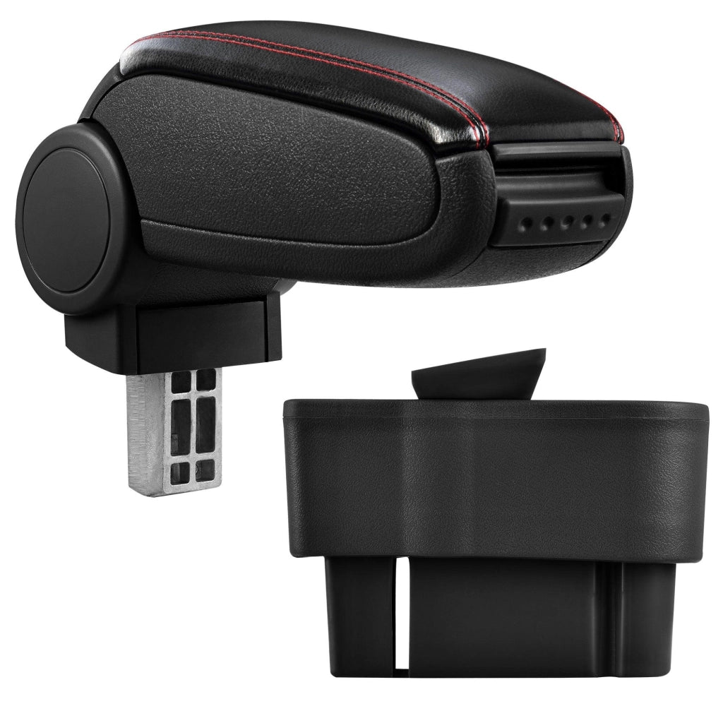 Bracciolo centrale per Opel Corsa D con scomparto imbottito in similpelle nera con cuciture rosse 03_0000577