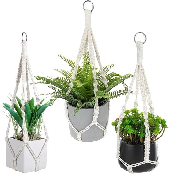 Tre supporti macramé per vasi fiorali - tessuto per piante - standard appeso per interni ed esterni - decorazione per balcone giardino - stile bohemien