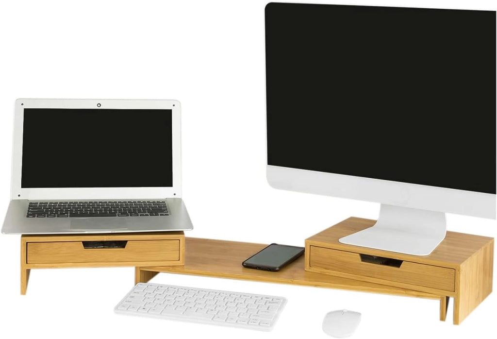 Supporto monitor pc da scrivania per 2 monitors angoli girevole con 2 cassetti e gomma antiscivolo in legno massello di bambù BBF04-N