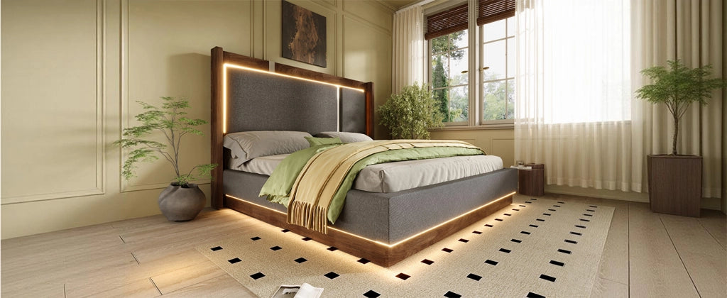 DESMIU Letto contenitore 140 × 190 cm 2 posti con LED, vano idraulico e contenitore, senza materasso, grigio