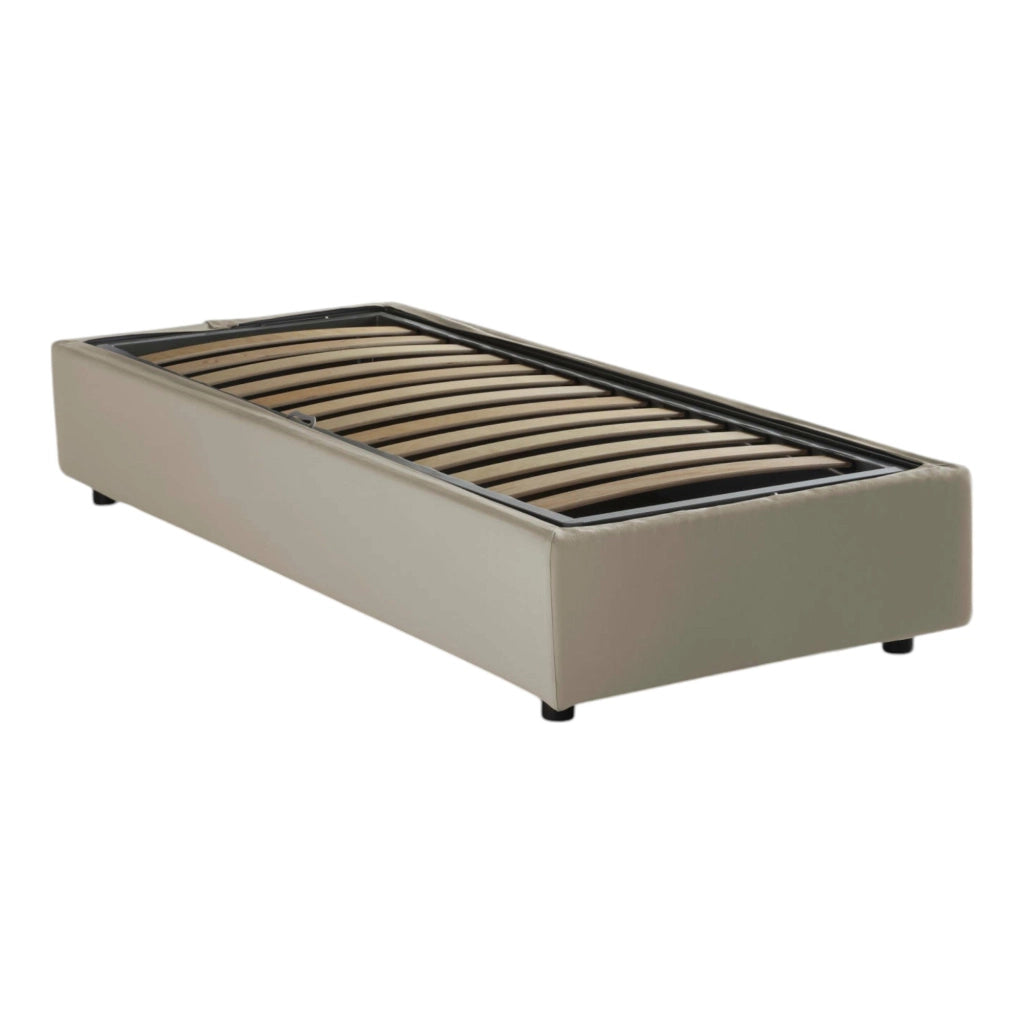 Letto singolo Abbi, Letto contenitore con rivestimento in tessuto, Made in Italy, Apertura laterale, con materasso cm 80x190 incluso, Beige