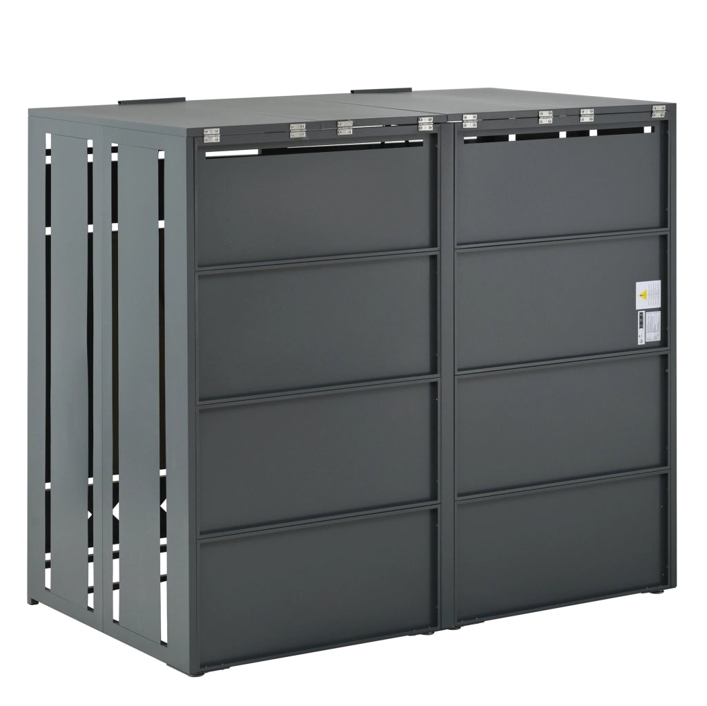 Box per bidoni rifiuti a 2 scomparti con coperchio idraulico; 132x80x118;5 cm; acciaio grigio effetto legno