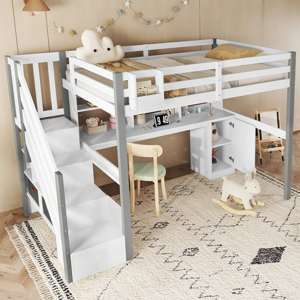 Letto a castello bianco grigio con funzione contenitore in legno e MDF 90x200 cm