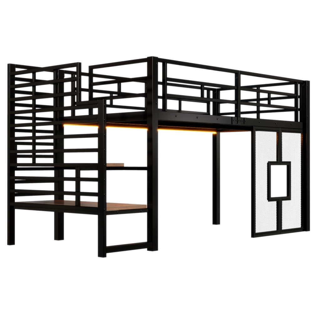 Letto a soppalco 90x200 cm in metallo con scala e LED