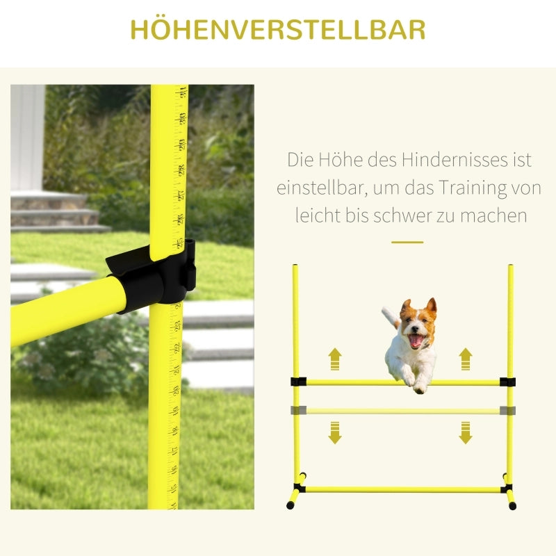 Set agility per cani con 4 ostacoli 2 pali slalom e 5 aste a terra regolabile in altezza in plastica gialla