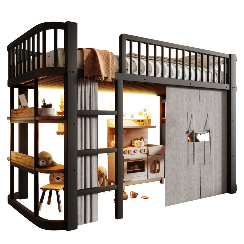 Letto a soppalco per bambini 90x200 cm con tende oscuranti; spazio inferiore modulabile; mensole e LED; metallo nero